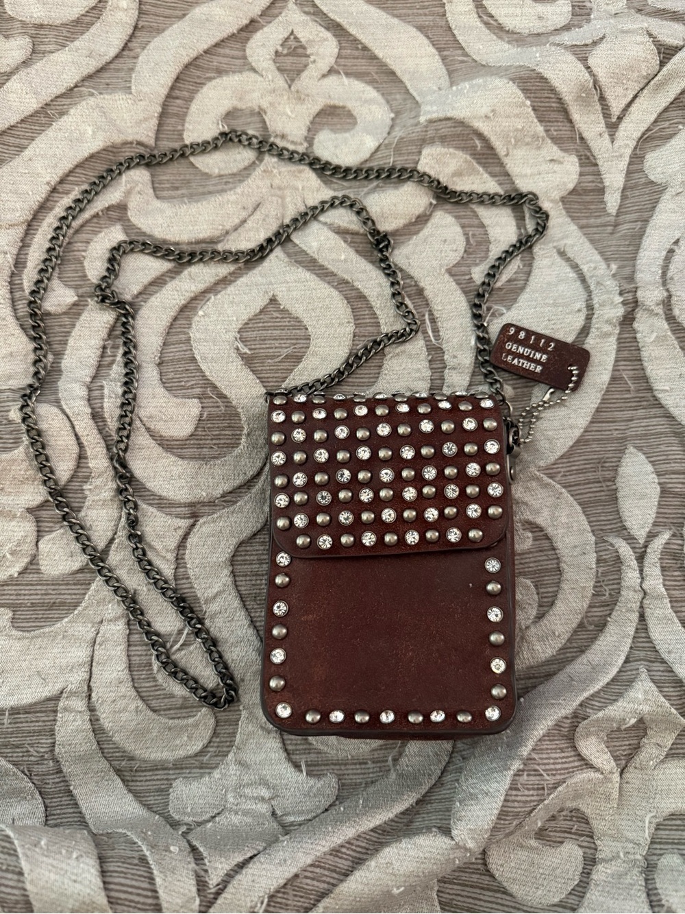 Studded Genuine Leather Crossbody Phone Bag - Brown